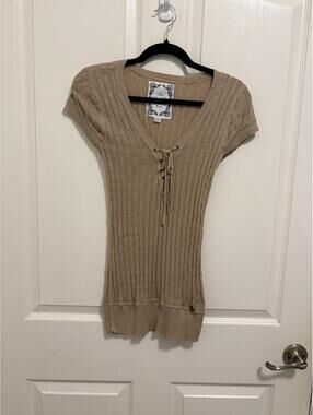 Guess Jeans Women's Beige Knit Short Sleeve Sweater Dress Medium